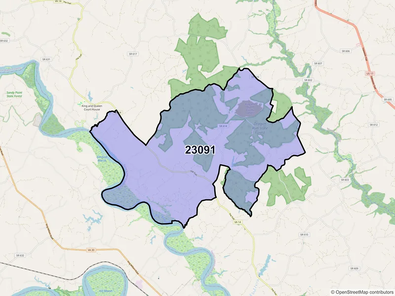 Map of ZIP Code 23091 — Little Plymouth, VA