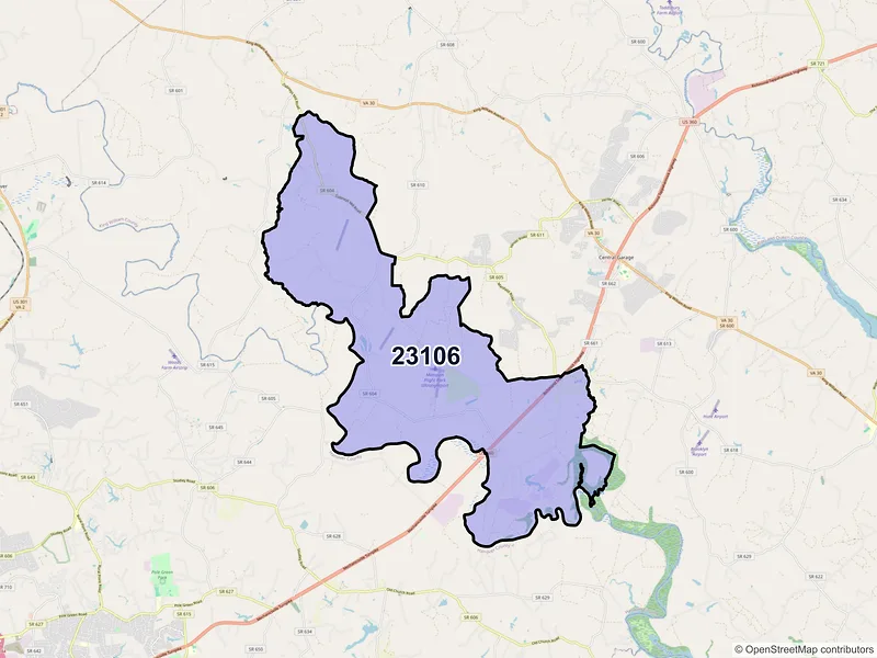 Map of ZIP Code 23106 — Manquin, VA