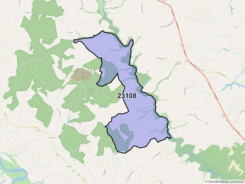 Map of ZIP Code 23108 — Mascot, VA