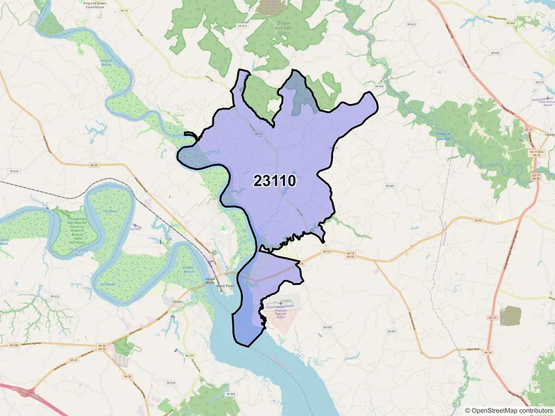 Map of ZIP Code 23110 — Mattaponi, VA