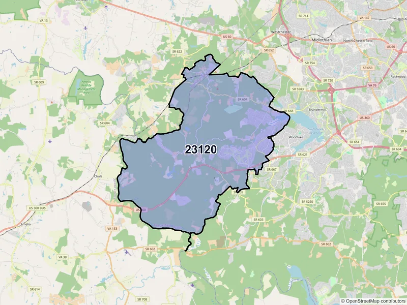 Map of ZIP Code 23120 — Moseley, VA