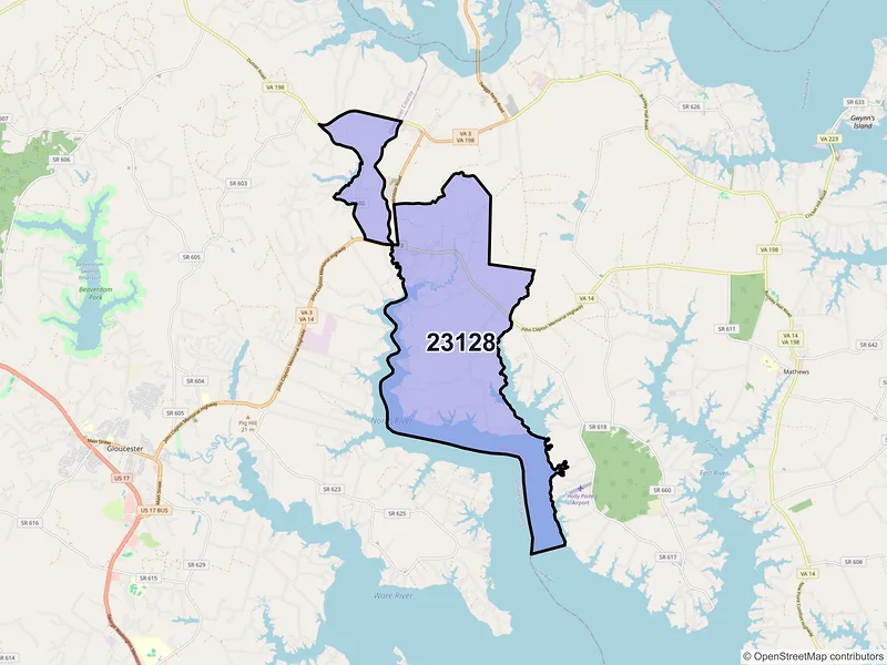 Map of ZIP Code 23128 — North, VA