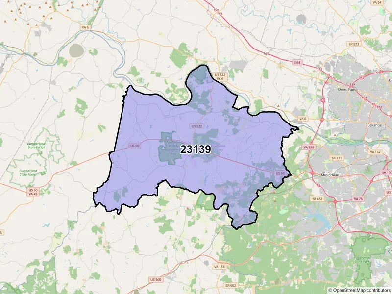 Map of ZIP Code 23139 — Powhatan, VA