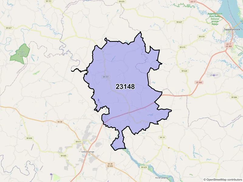 Map of ZIP Code 23148 — Saint Stephens Church, VA