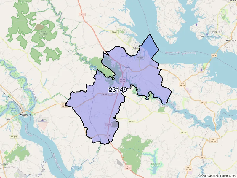 Map of ZIP Code 23149 — Saluda, VA