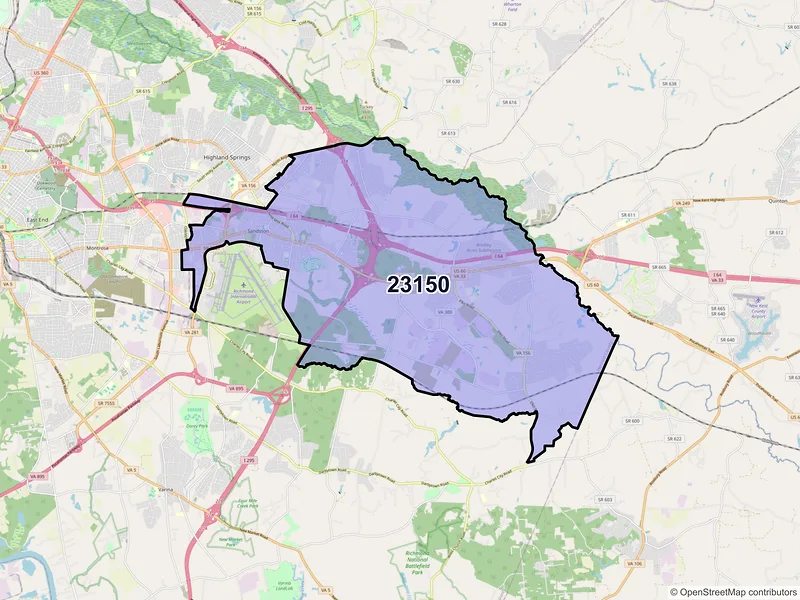 Map of Sandston, Virginia and ZIP codes