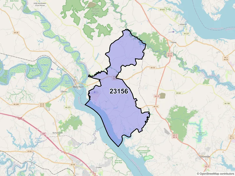 Map of ZIP Code 23156 — Shacklefords, VA