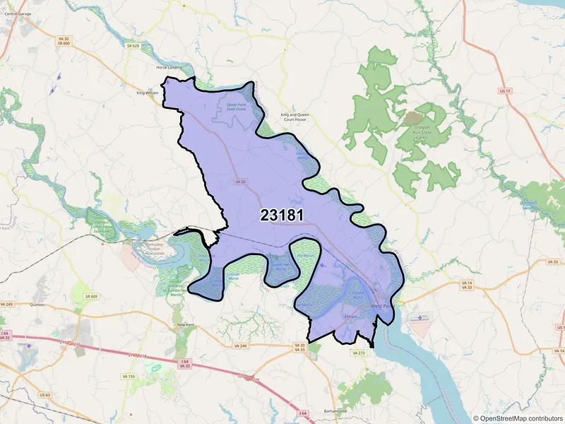 Map of West Point, Virginia and ZIP codes