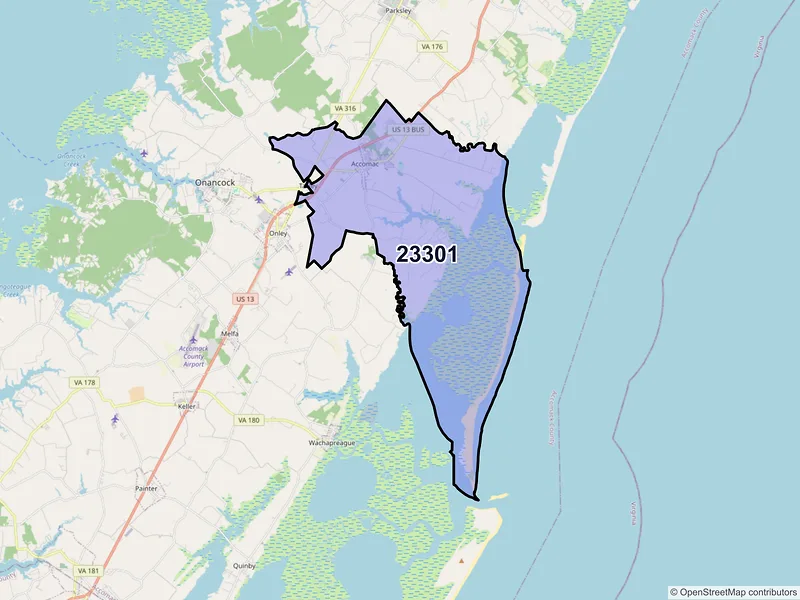 Map of Accomac, Virginia and ZIP codes