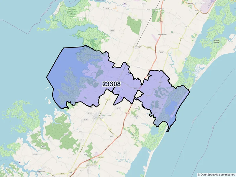 Map of ZIP Code 23308 — Bloxom, VA