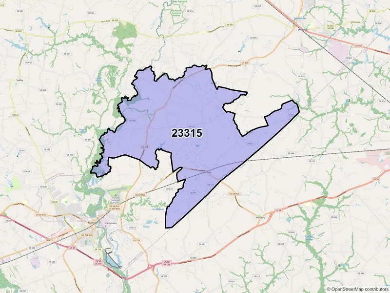 Map of ZIP Code 23315 — Carrsville, VA