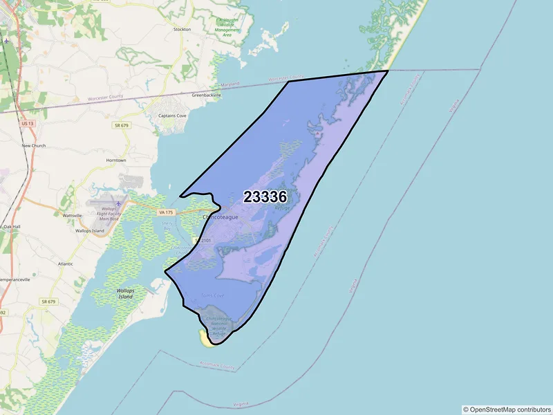 Map of Chincoteague Island, Virginia and ZIP codes