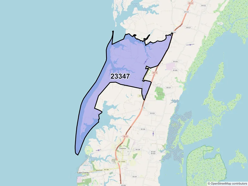 Map of Eastville, Virginia and ZIP codes