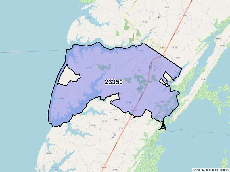 Map of ZIP Code 23350 — Exmore, VA