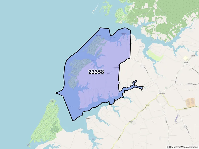 Map of Hacksneck, Virginia and ZIP codes