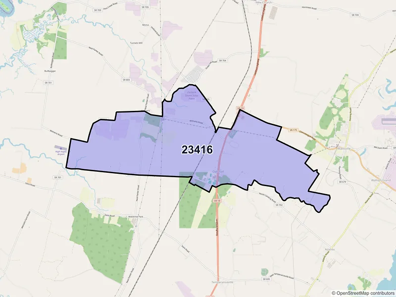 Map of ZIP Code 23416 — Oak Hall, VA