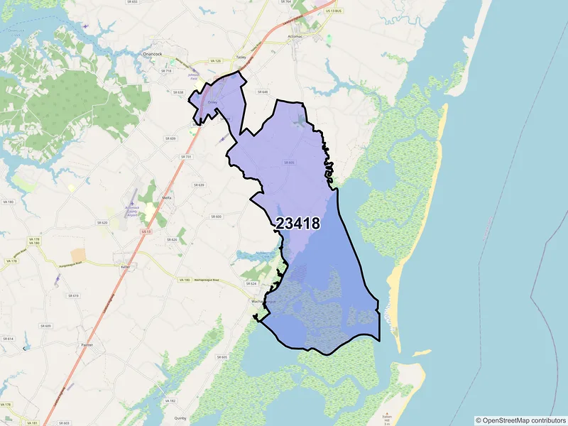 Map of ZIP Code 23418 — Onley, VA