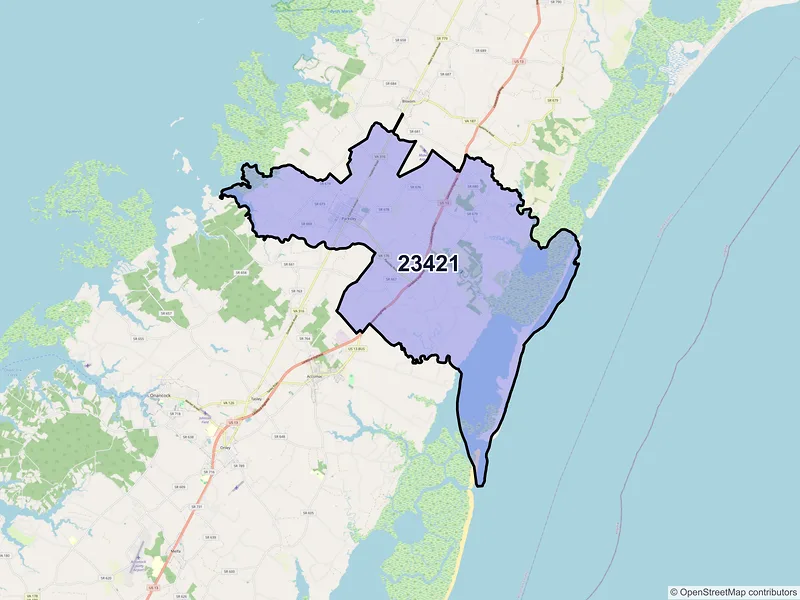 Map of ZIP Code 23421 — Parksley, VA