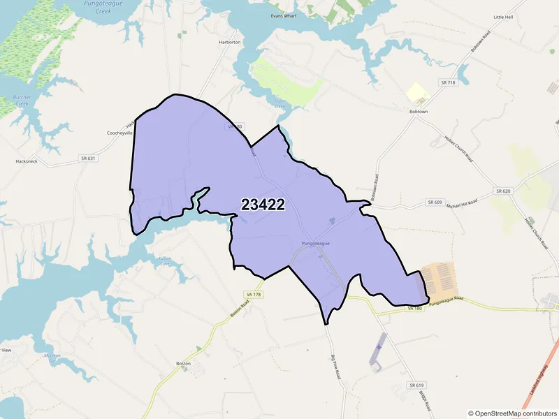 Map of Pungoteague, Virginia and ZIP codes