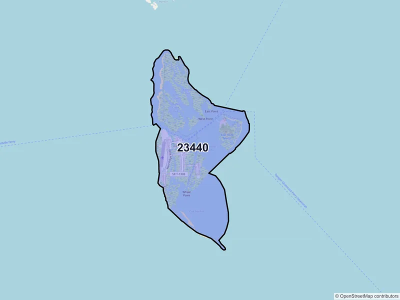 Map of Tangier, Virginia and ZIP codes