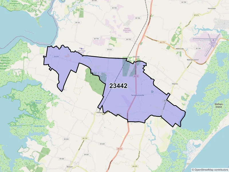 Map of ZIP Code 23442 — Temperanceville, VA