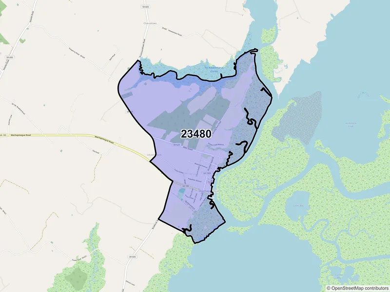 Map of Wachapreague, Virginia and ZIP codes