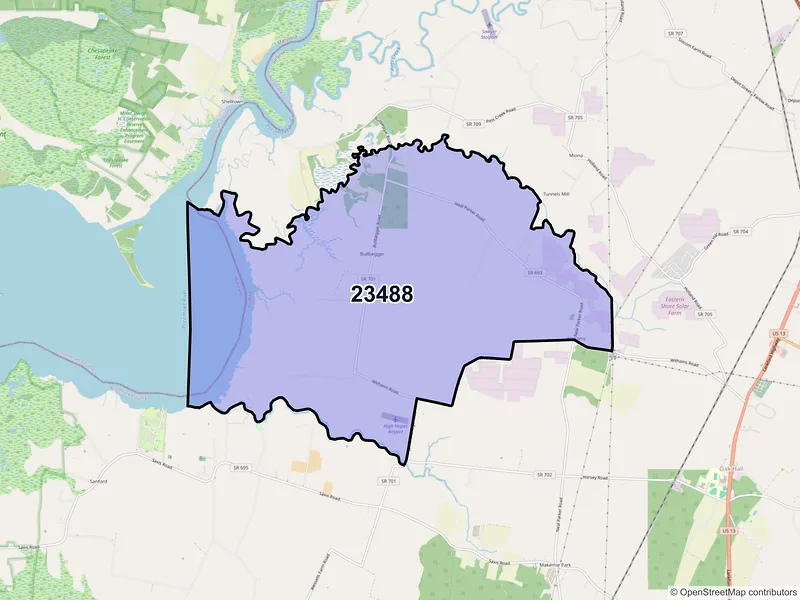 Map of ZIP Code 23488 — Withams, VA