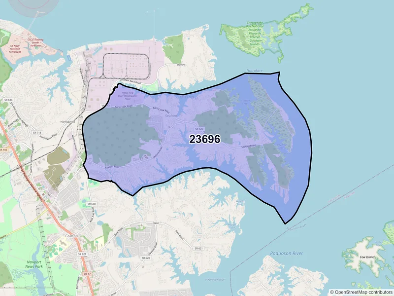 Map of Seaford, Virginia and ZIP codes