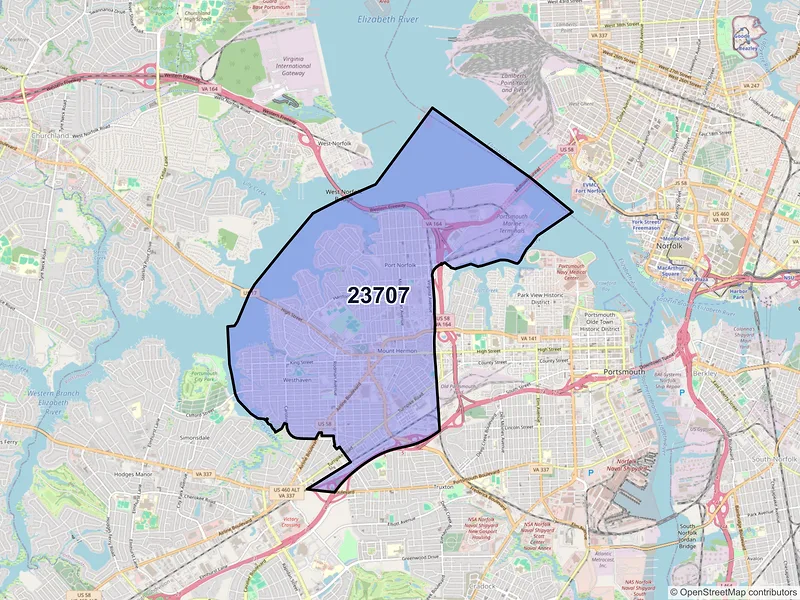 Map of ZIP Code 23707 — Portsmouth, VA