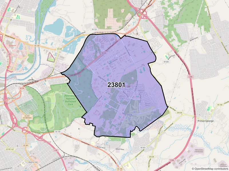 Map of ZIP Code 23801 — Fort Lee, VA