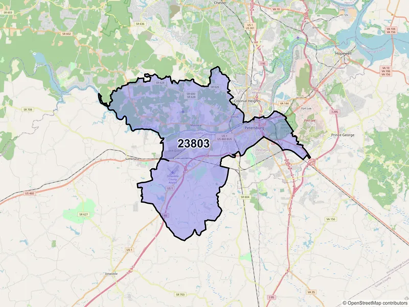 Map of ZIP Code 23803 — Petersburg, VA