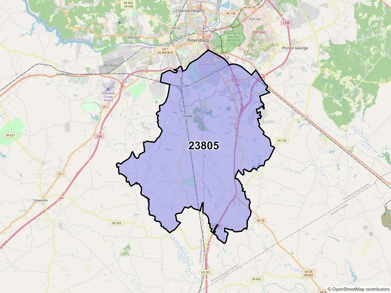 Map of ZIP Code 23805 — Petersburg, VA