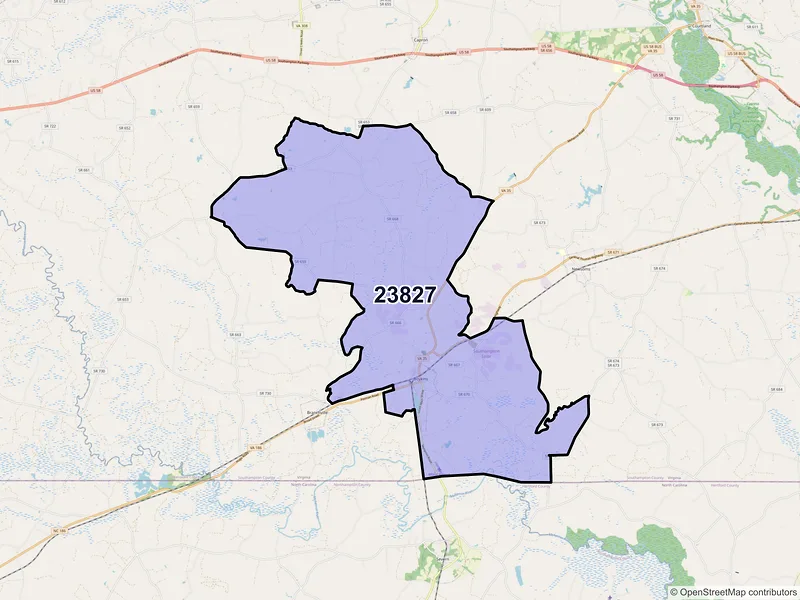 Map of Boykins, Virginia and ZIP codes