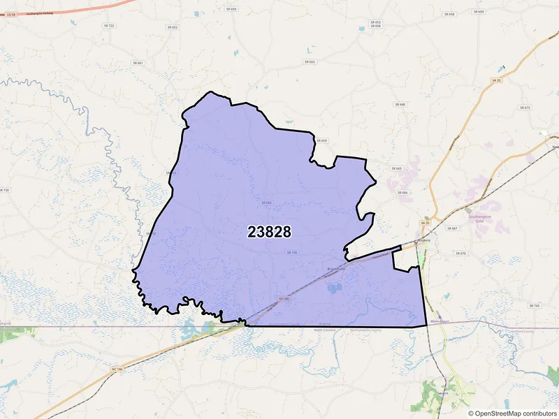 Map of Branchville, Virginia and ZIP codes