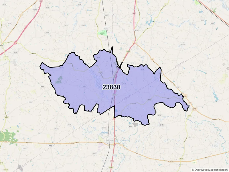 Map of ZIP Code 23830 — Carson, VA