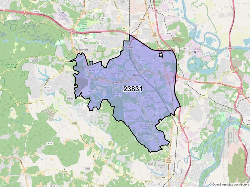 Map of ZIP Code 23831 — Chester, VA