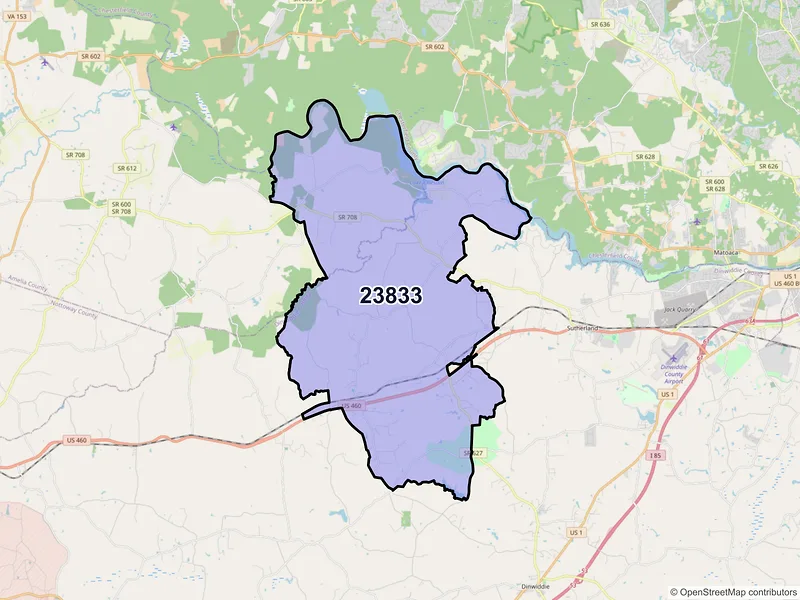 Map of ZIP Code 23833 — Church Road, VA