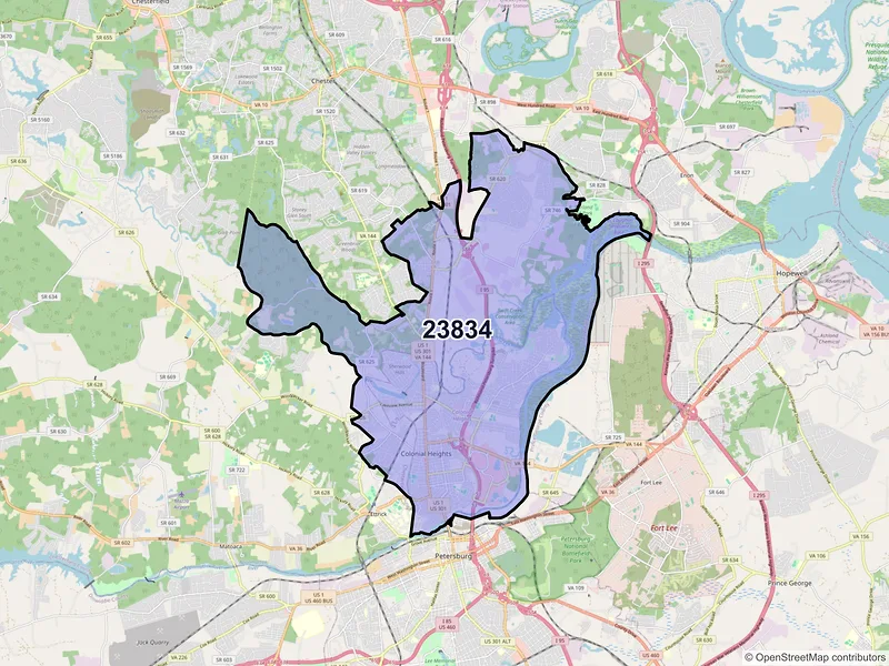 Map of Colonial Heights, Virginia and ZIP codes