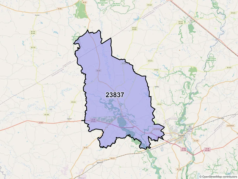 Map of ZIP Code 23837 — Courtland, VA