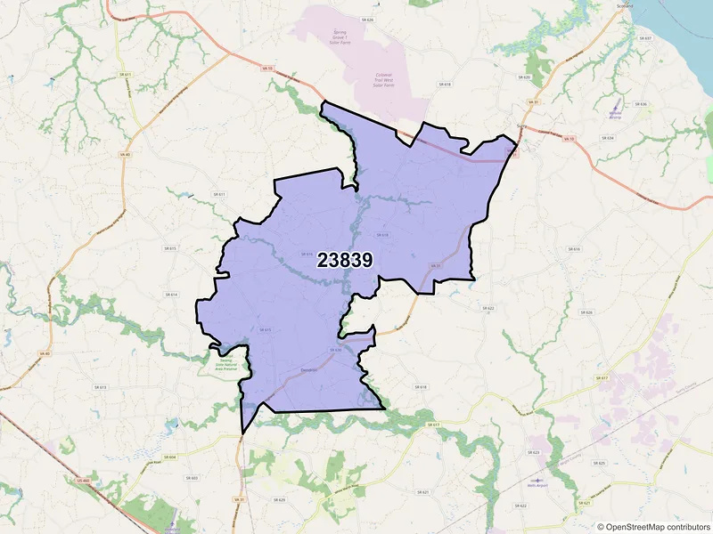 Map of ZIP Code 23839 — Dendron, VA