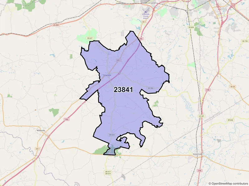 Map of ZIP Code 23841 — Dinwiddie, VA