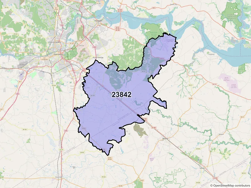 Map of ZIP Code 23842 — Disputanta, VA