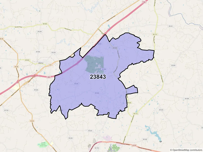 Map of ZIP Code 23843 — Dolphin, VA