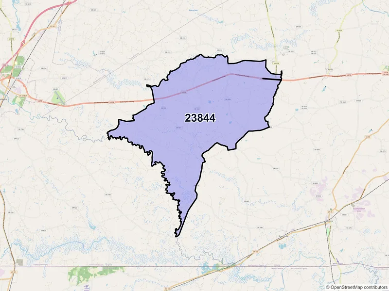 Map of ZIP Code 23844 — Drewryville, VA