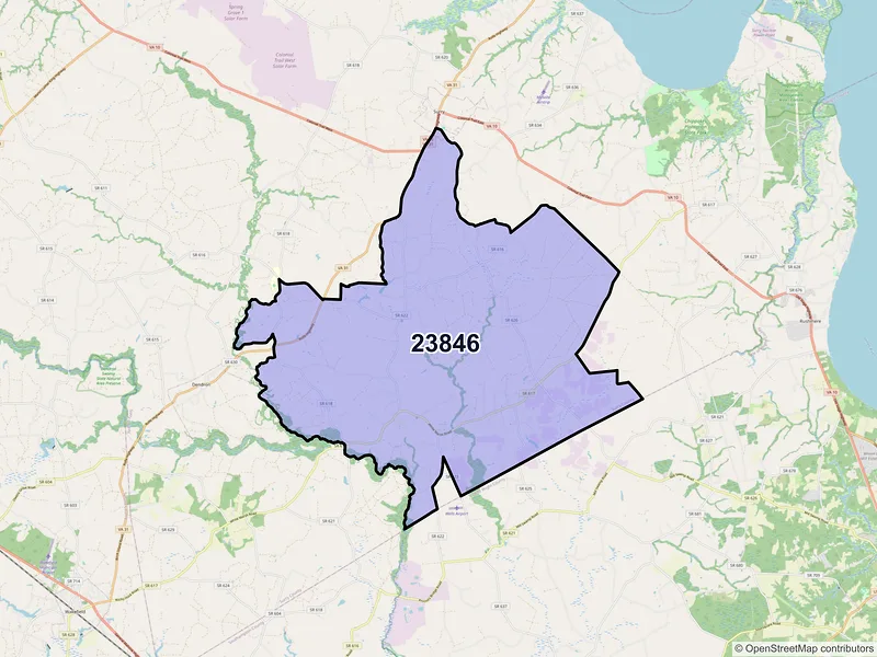 Map of ZIP Code 23846 — Elberon, VA