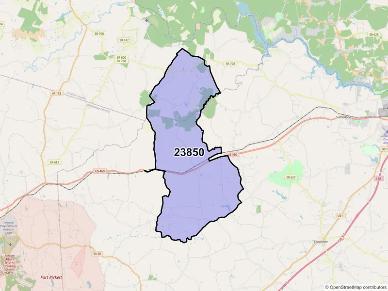 Map of ZIP Code 23850 — Ford, VA