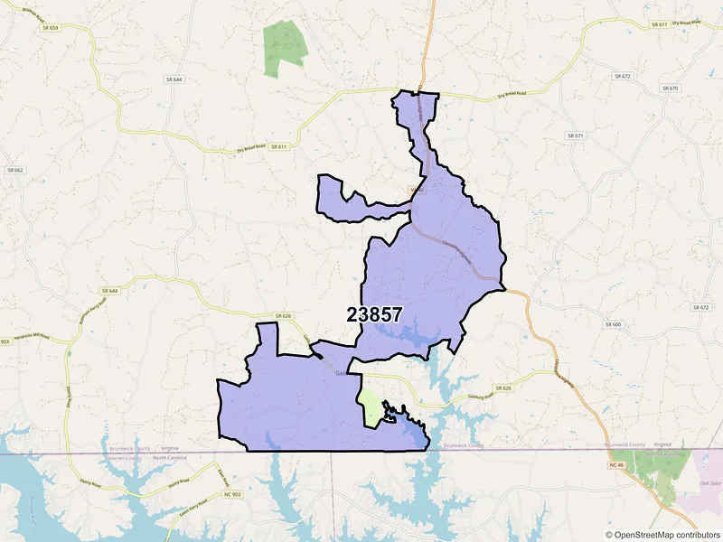 Map of ZIP Code 23857 — Gasburg, VA