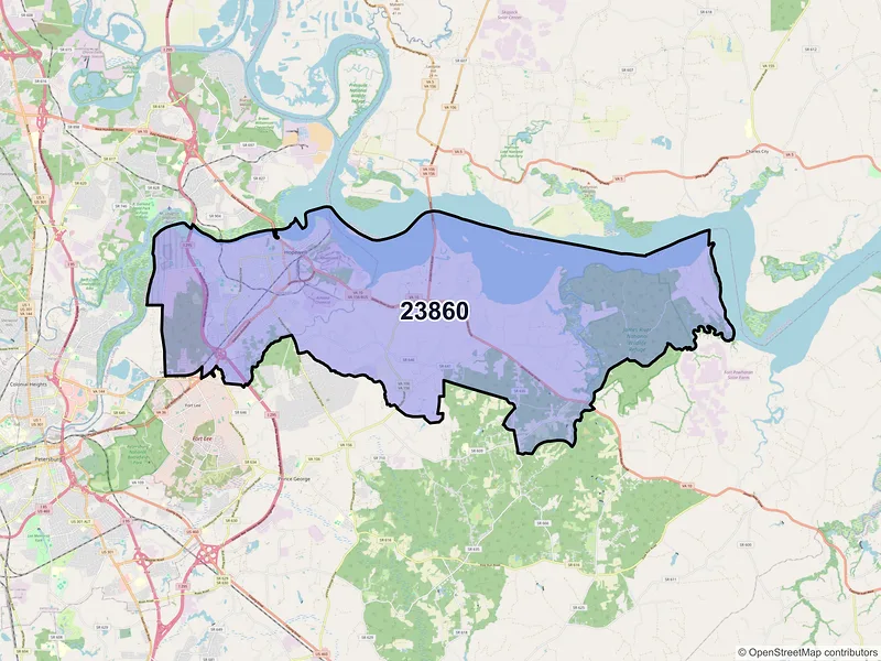 Map of ZIP Code 23860 — Hopewell, VA