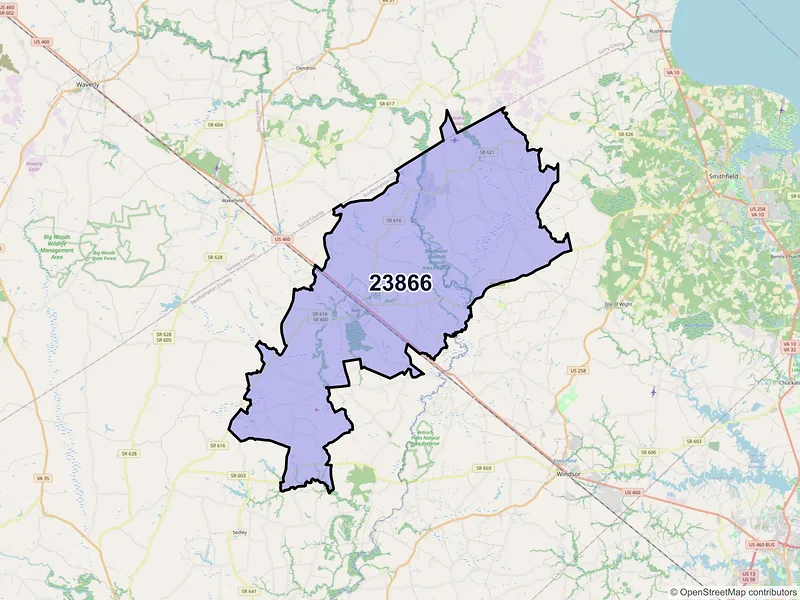 Map of ZIP Code 23866 — Ivor, VA