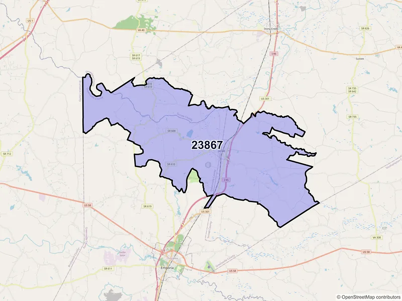 Map of ZIP Code 23867 — Jarratt, VA